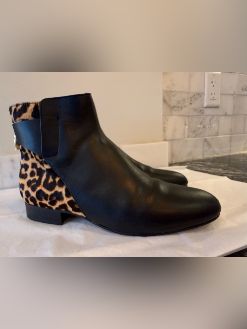 Michael Kors Black Leather Ankle Boots with Leopard Heel